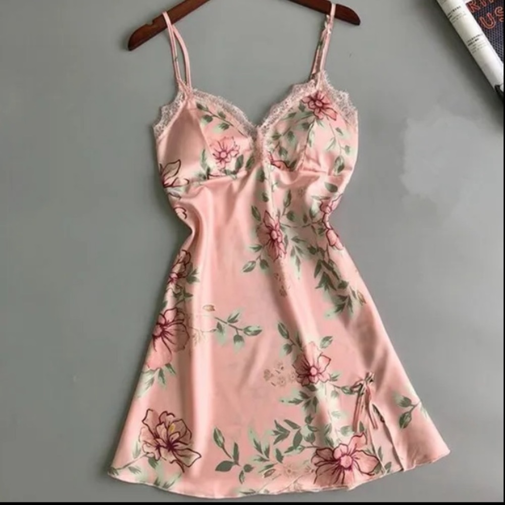 Summer Sexy V-Neck Pajamas Lace Floral Print Sleepwear Lingerie Slip Dress
